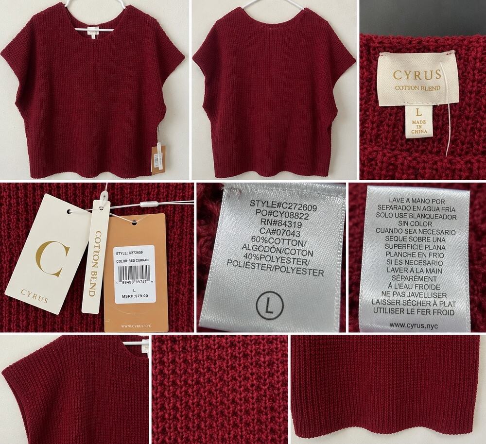 Red wine Cyrus Women’s Textured Knit Short Sleeve Sweater Size L NWT